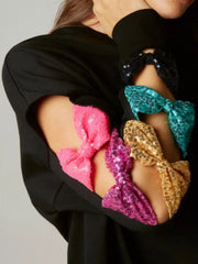 Sequin Bow Cutout Round Neck Sweatshirt OutfitFlow