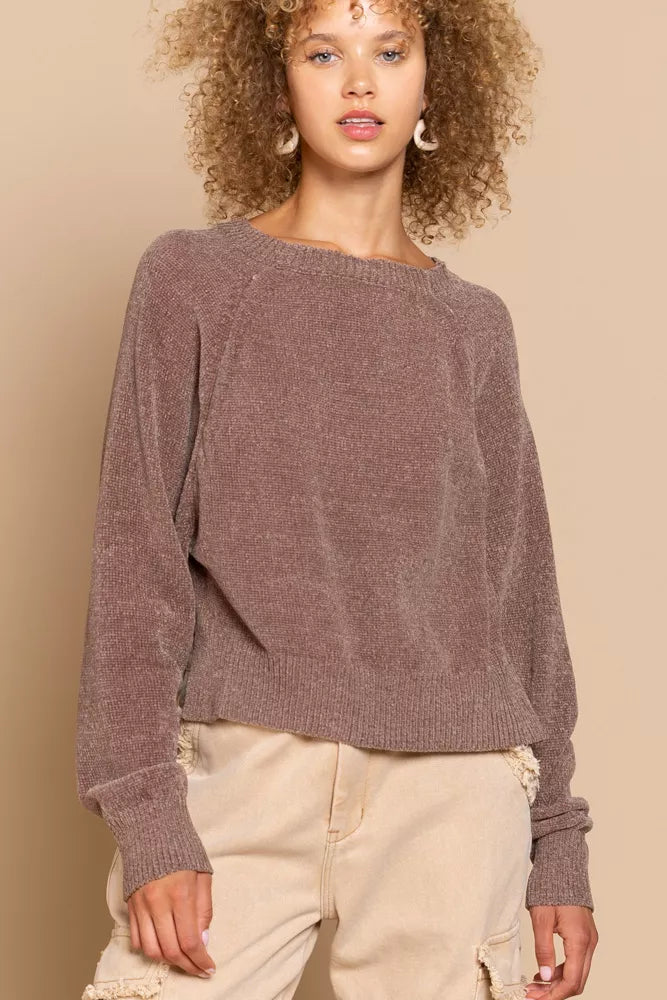 POL Round Neck Backless Sweater with Ribbed Edge Chocolate Trendsi