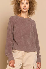 POL Round Neck Backless Sweater with Ribbed Edge Chocolate Trendsi