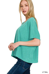 Zenana Ribbed V-Neck Short-Sleeve Knit Top OutfitFlow