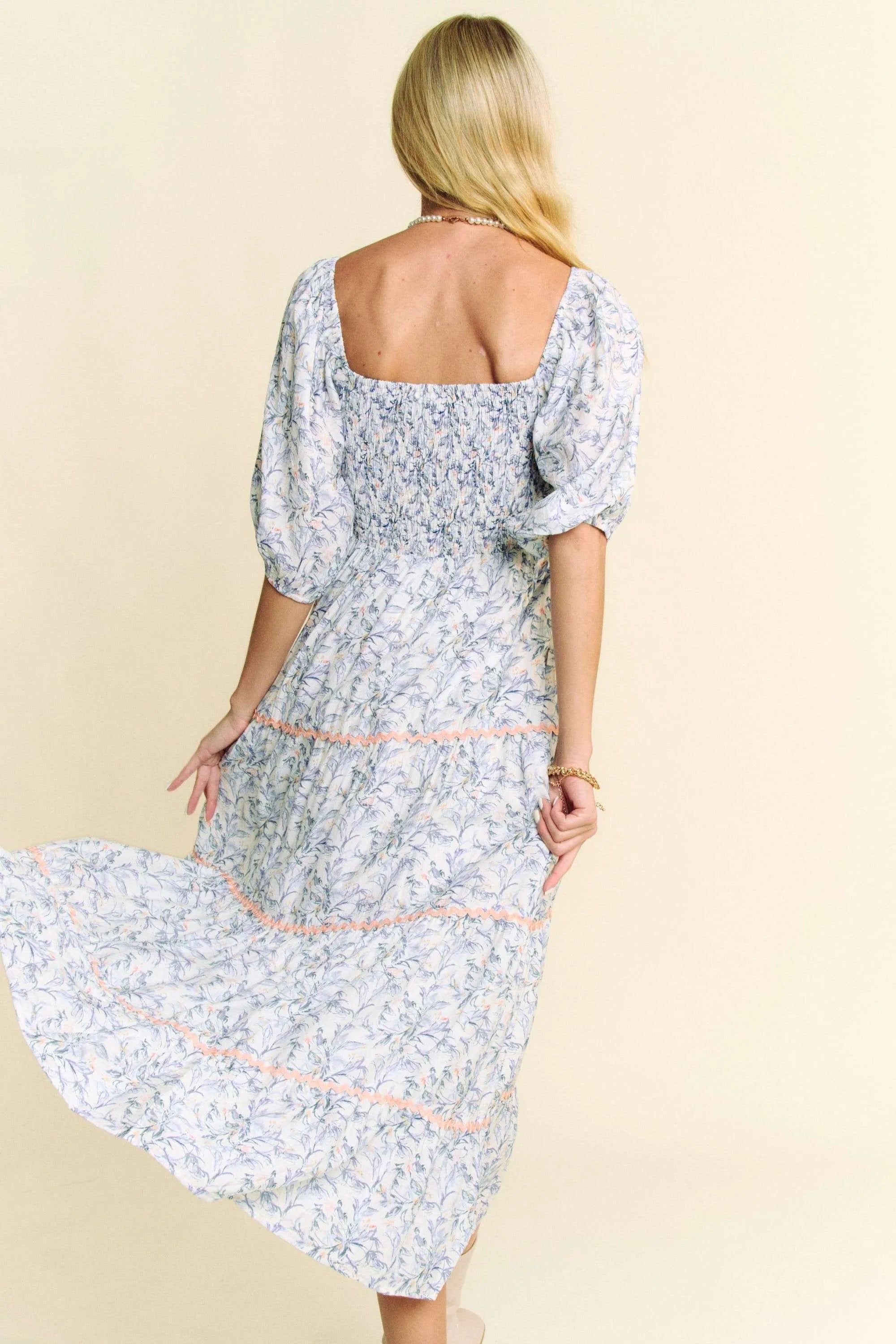 Davi & Dani Contrast Ric Smocking Bodice Tiered Midi Dress OutfitFlow