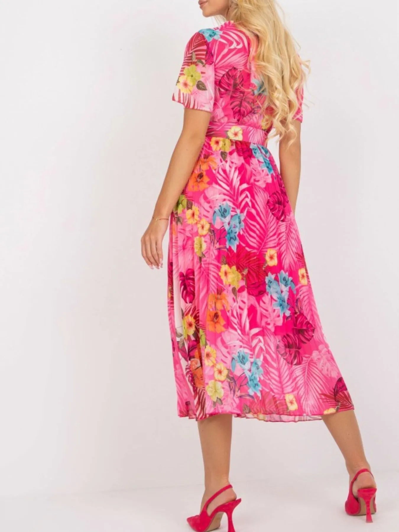 Printed Pleated Midi Wrap Dress with Belt OutfitFlow