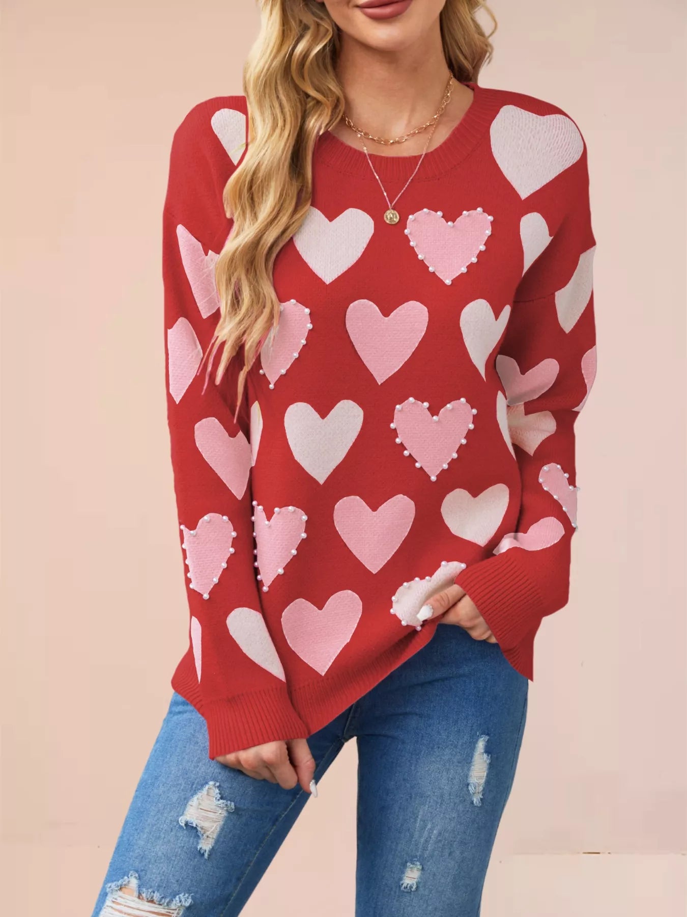 Heart Pattern Beaded Round Neck Sweater OutfitFlow