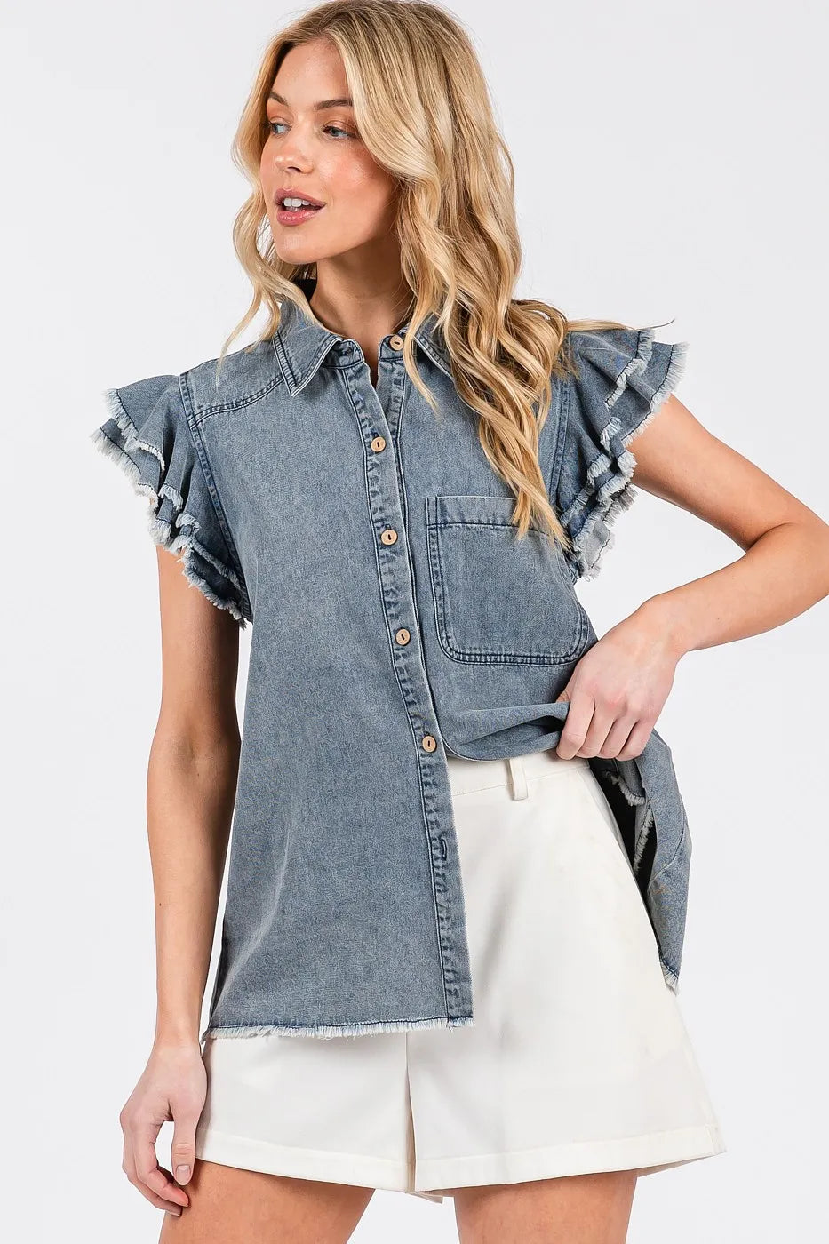 Mittoshop Washed Denim Ruffle Short Sleeve Collared Shirt OutfitFlow