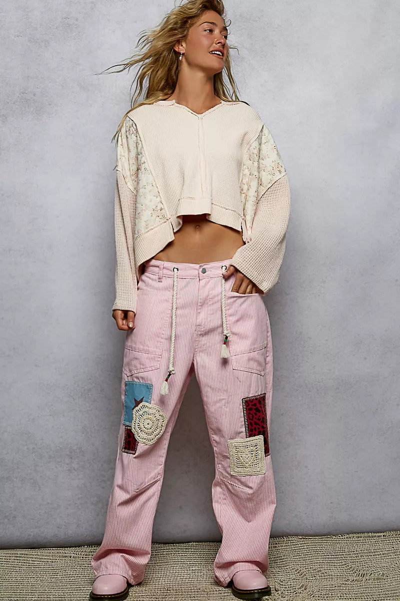 POL Mix Thermal Floral Pattern Quilted Knit Cropped Top with Raw Edge Detail OutfitFlow