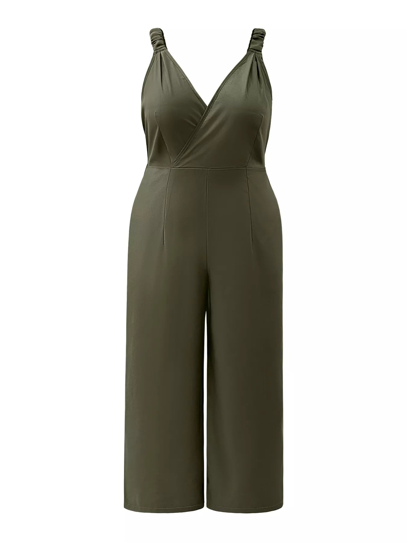 Plus Size Smocked Wide Leg Jumpsuit Army Green OutfitFlow
