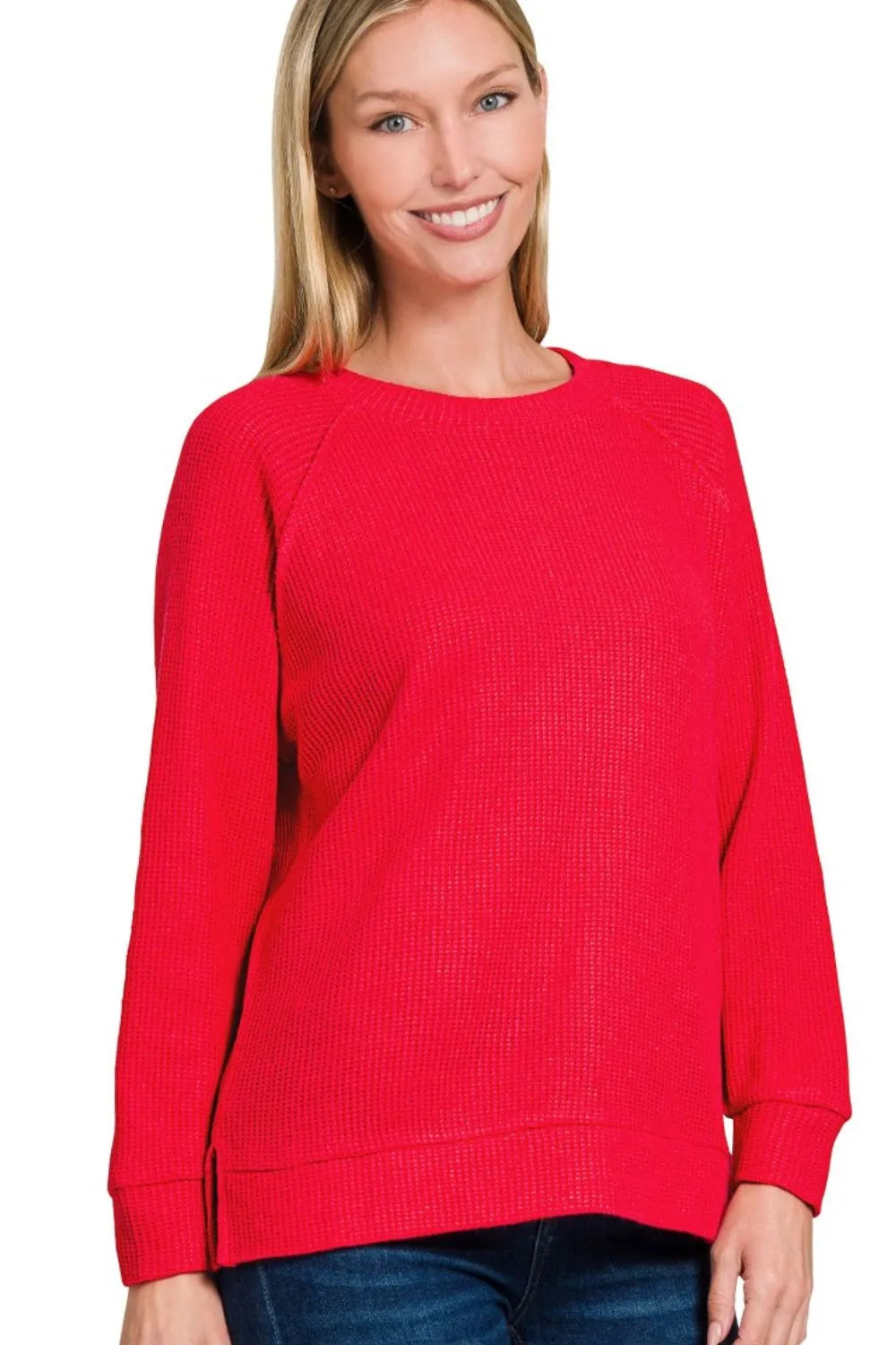 Zenana Round Neck Raglan Long Sleeve Sweater TOMATO OutfitFlow