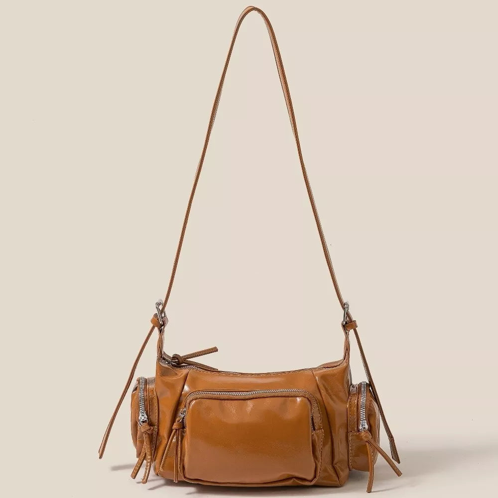 Fame Glossy Faux Leather Multi Pocket Hand Bag OutfitFlow