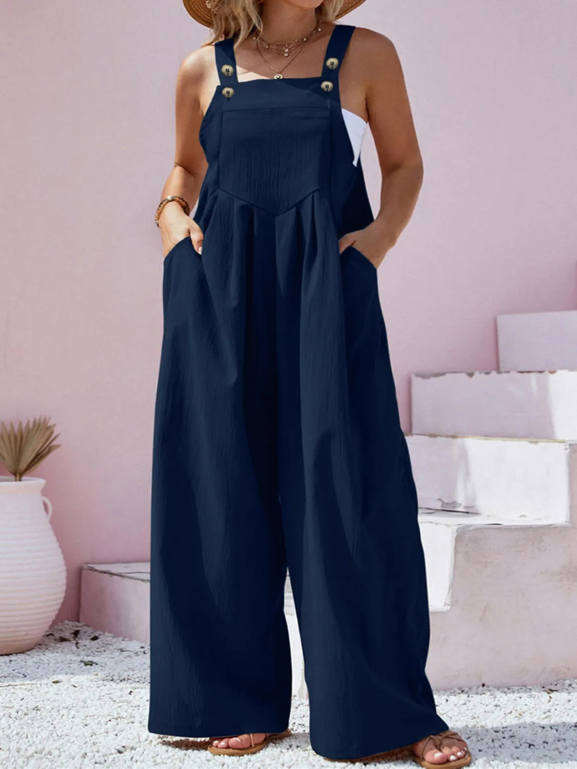 Plus Size Square Neck Wide Leg Overalls Navy OutfitFlow