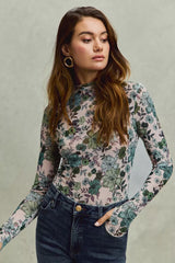 SO ME Floral Print Mesh Knit Long Sleeves Top OLIVE THYME OutfitFlow