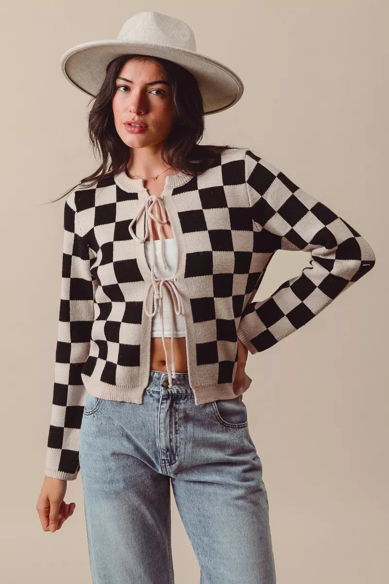 SO ME Tie Front Checkered Knitted Round Neck Cardigan Trendsi