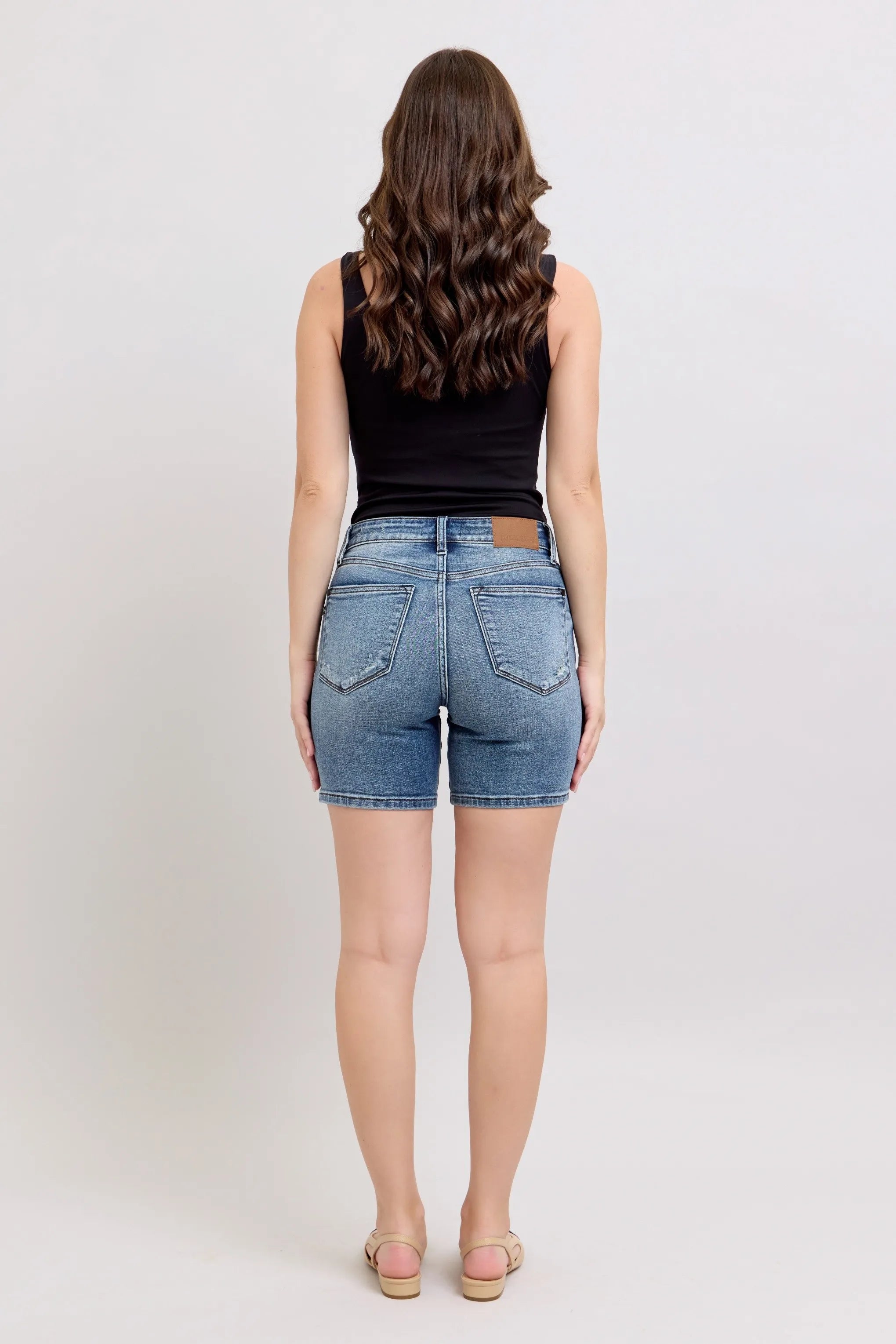Judy Blue Button Fly Mid Length Denim Shorts W/ Destroy OutfitFlow
