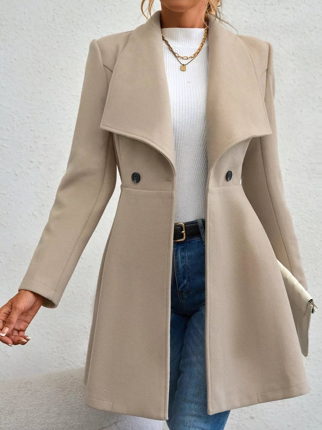 Collared Neck Double Breasted Coat Apricot Trendsi