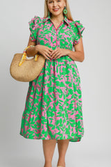 Umgee Full Size Floral Collared Ruffle Cap Sleeve Midi Dress Plus Size OutfitFlow