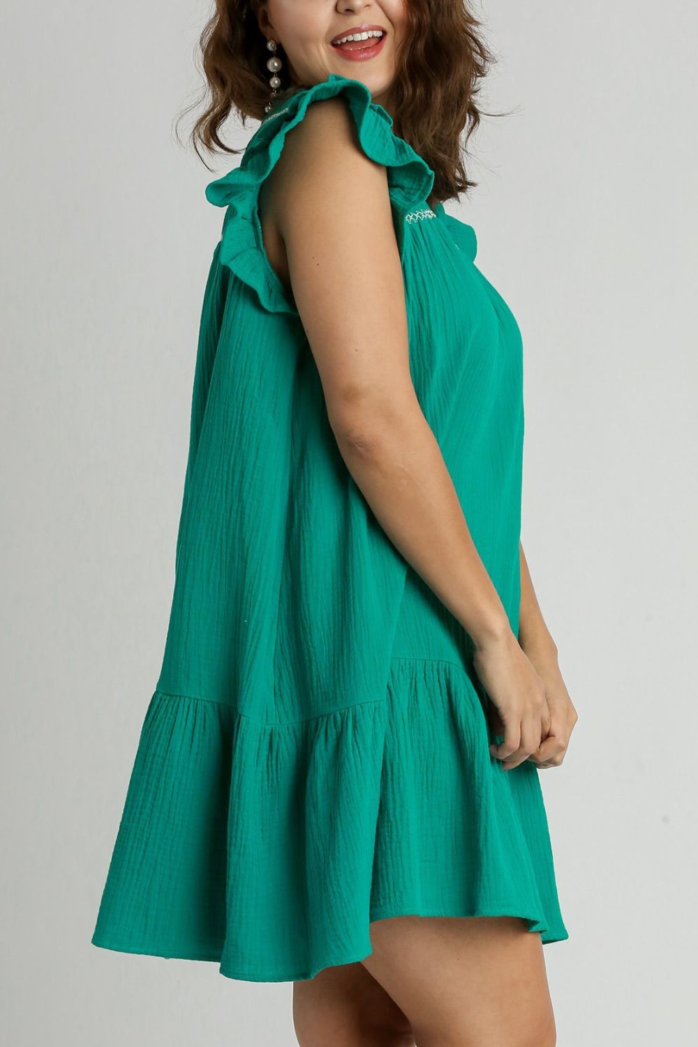 Umgee Full Size Smocked Contrast Stitching Ruffle Cap Sleeve Round Neck Dress Plus Size OutfitFlow