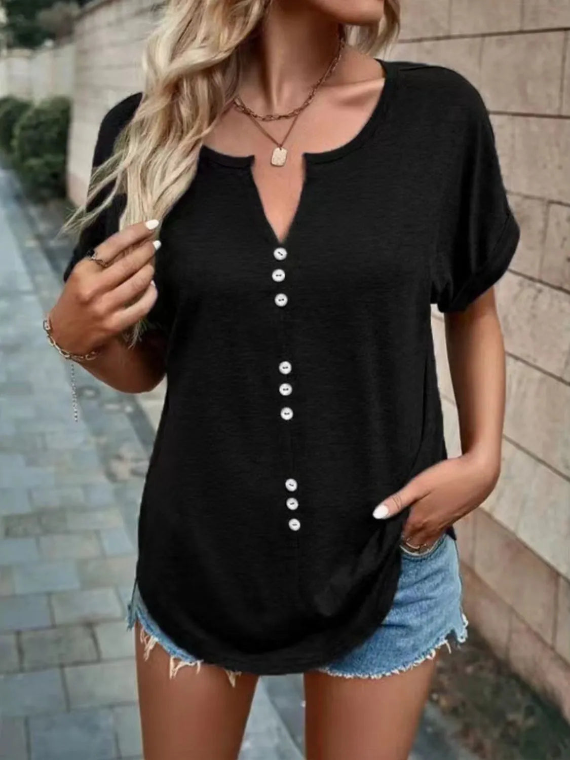 Full Size Notched Short Sleeve T-Shirt Plus Size Black OutfitFlow