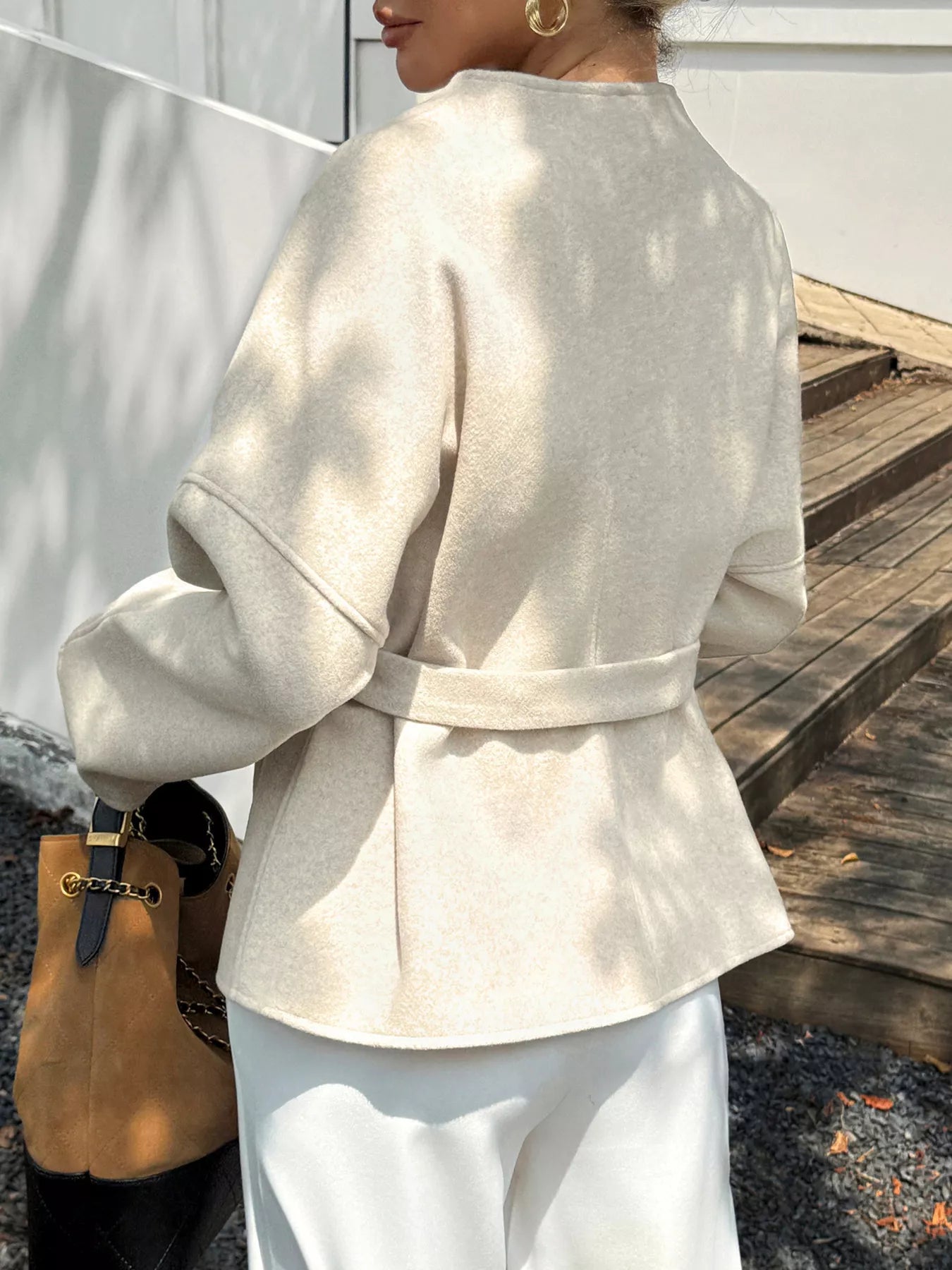 Surplice Dropped Shoulder Tie Belt Outerwear Trendsi