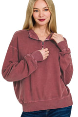 Zenana F/terry Pigment Dye & Enzyme Washing Half Zip Top OutfitFlow