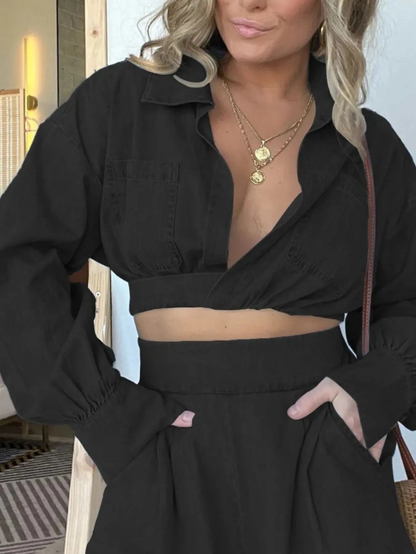 Full Size Long Sleeve Top and Shorts Denim Set Plus Size Black OutfitFlow