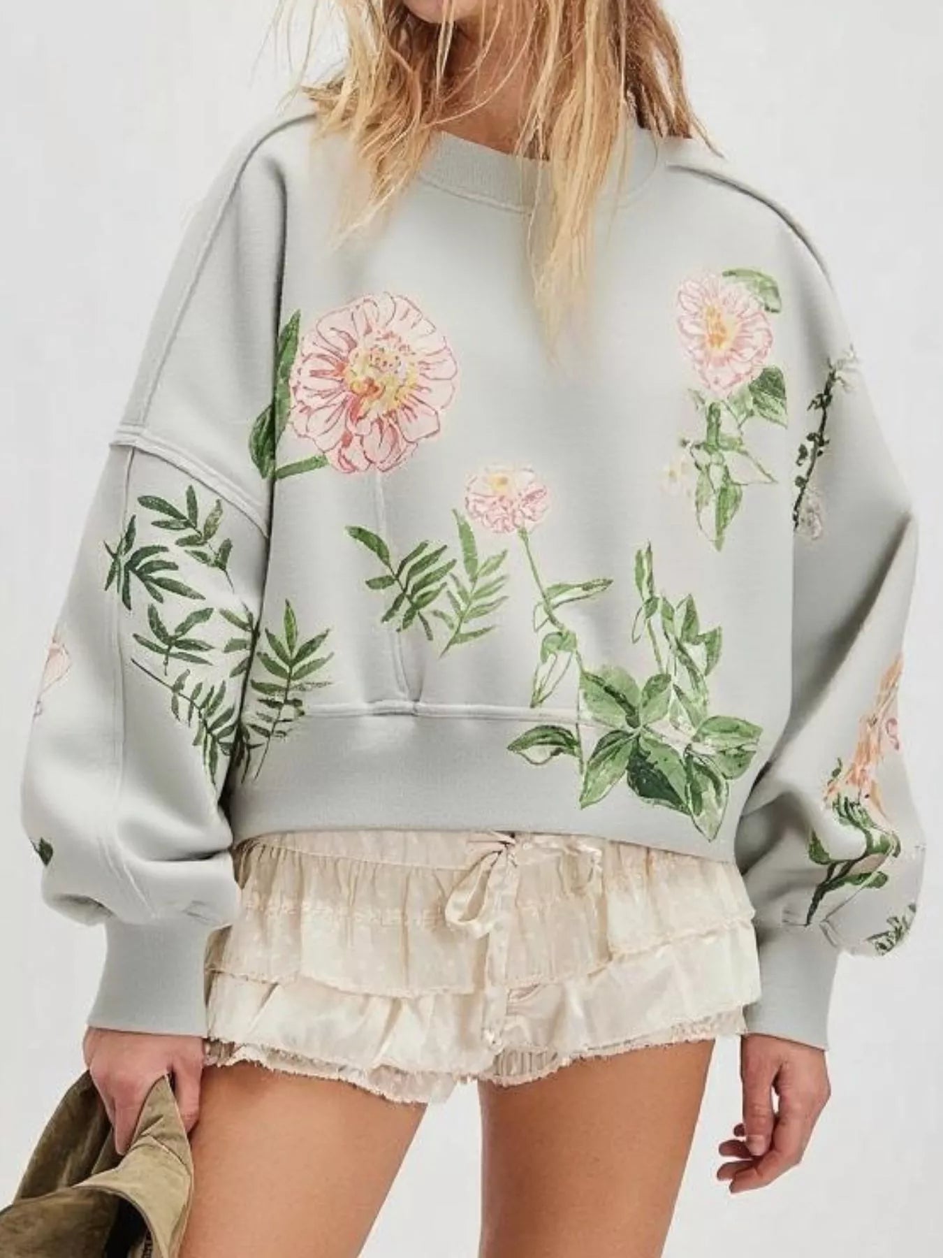 Printed Round Neck Dropped Shoulder Sweatshirt Floral OutfitFlow