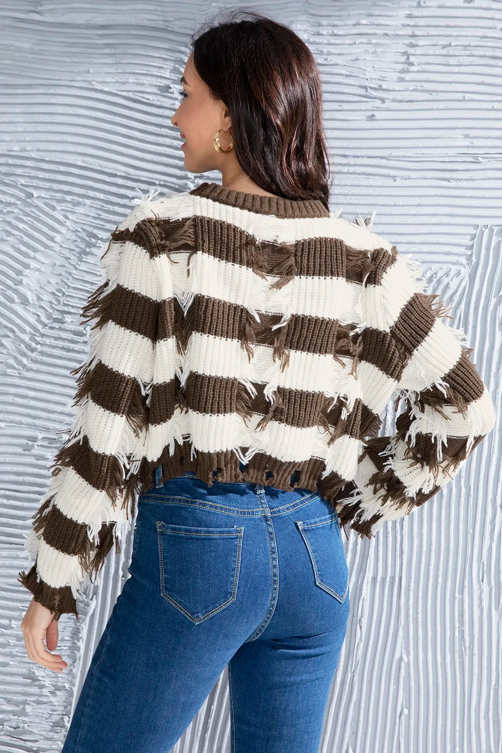 Striped Fringe Round Neck Sweater OutfitFlow