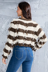 Striped Fringe Round Neck Sweater OutfitFlow