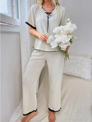 Contrast Trim Short Sleeve Top and Pants Set OutfitFlow