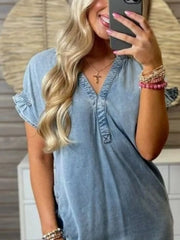 Full Size V-Neck Short Sleeve Denim Dress Plus Size OutfitFlow