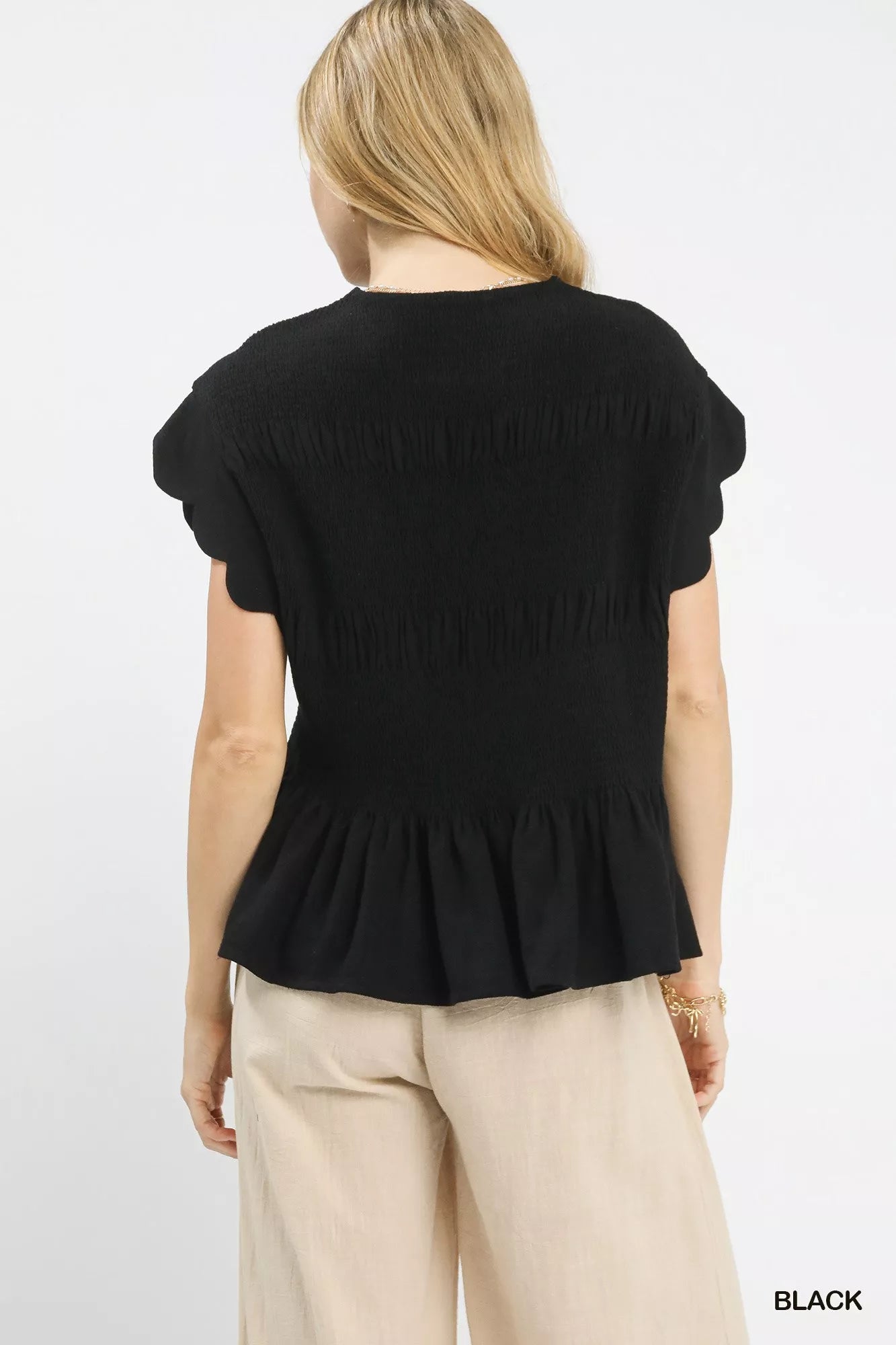 Umgee Linen Blend Smocked Peplum Blouse OutfitFlow