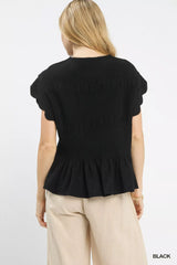 Umgee Linen Blend Smocked Peplum Blouse OutfitFlow