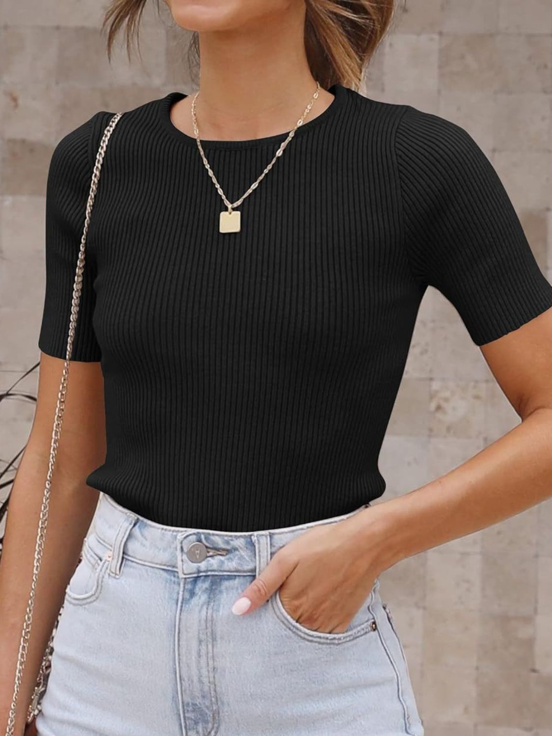 Outfit Flow - Mandy Ribbed Round Neck Short Sleeve Knit Top