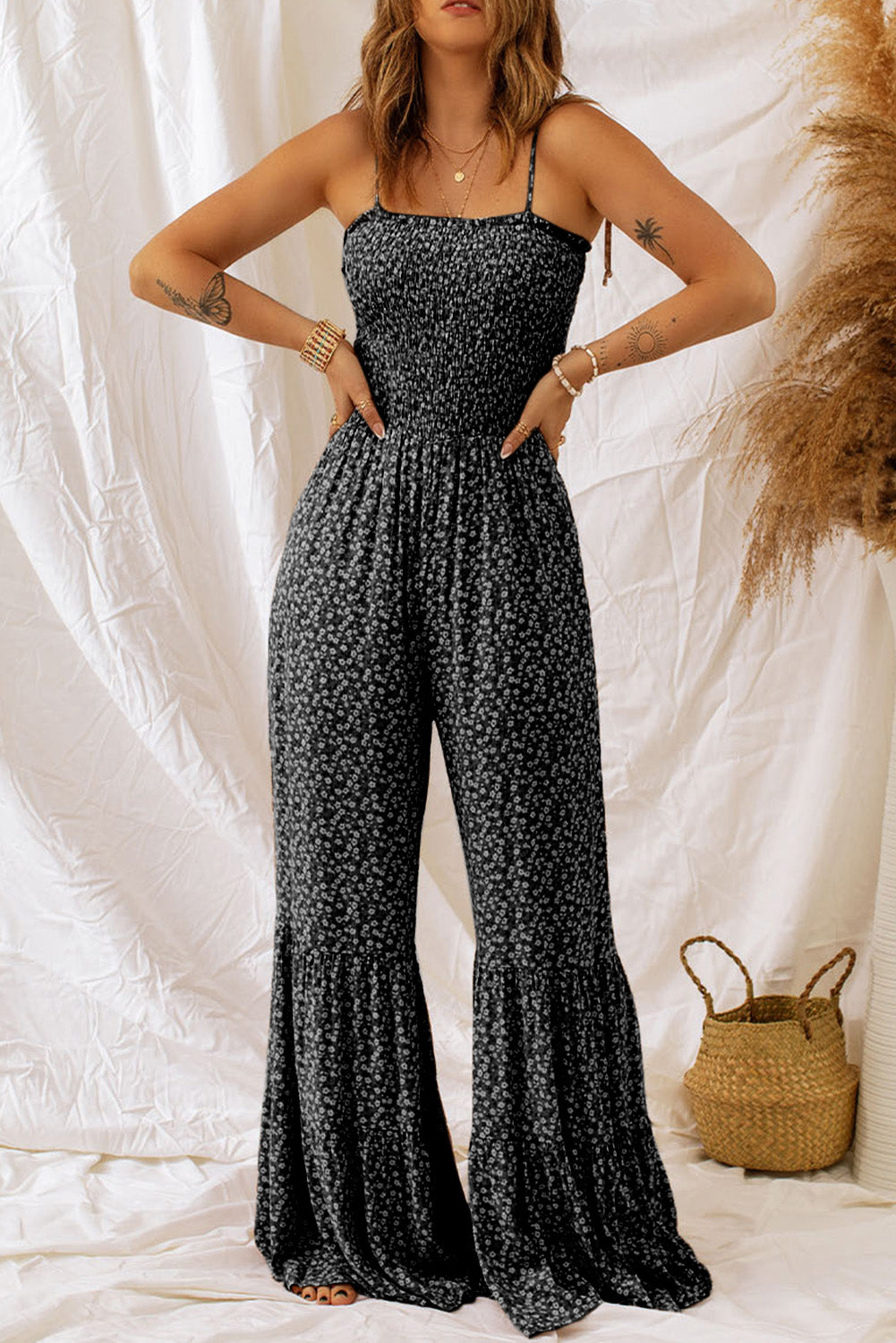 Outfit Flow - Floral Spaghetti Strap Wide Leg Jumpsuit