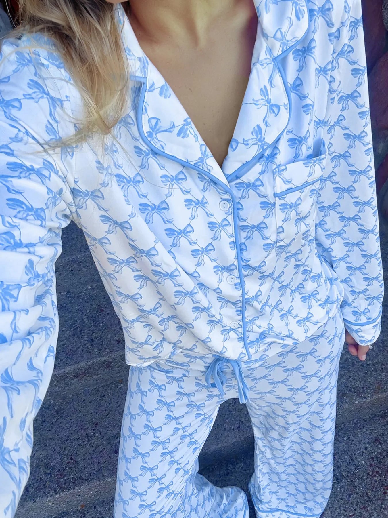 Bow Print Long Sleeve Shirt and Pants Pajama Set OutfitFlow