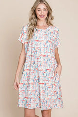 BOMBOM Printed Round Neck Short Sleeve Tee Dress OutfitFlow