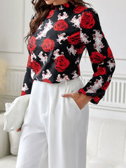 Outfit Flow - Frill Floral Mock Neck Long Sleeve Top