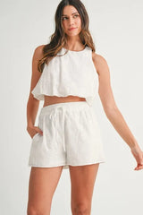 MABLE Eyelet Bubble Hem Sleeveless Top and Shorts Set OutfitFlow