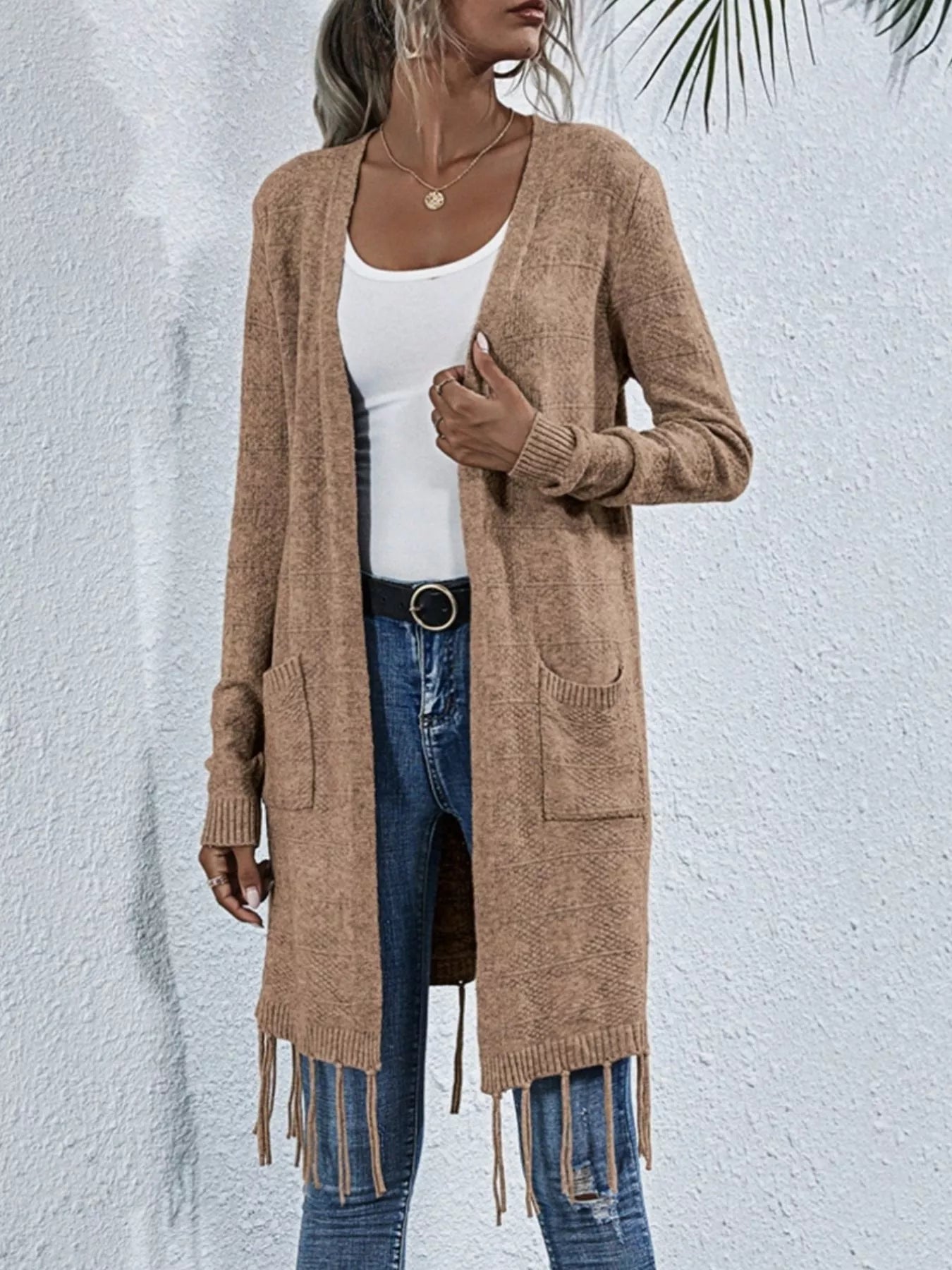 Open Front Fringe Longline Cardigan with Pockets OutfitFlow