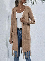 Open Front Fringe Longline Cardigan with Pockets OutfitFlow