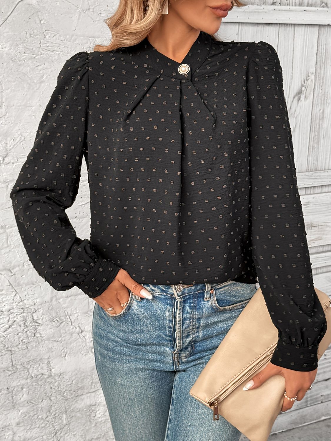 Outfit Flow - Swiss Dot Mock Neck Long Sleeve Blouse