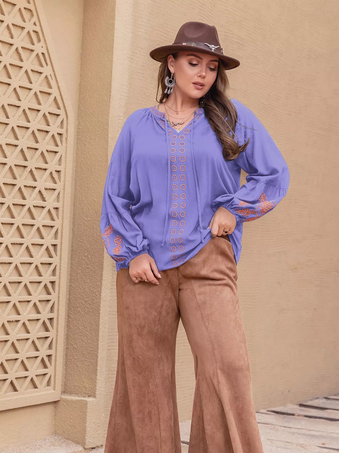 Plus Size Boho Embroidered Long Sleeve Blouse OutfitFlow