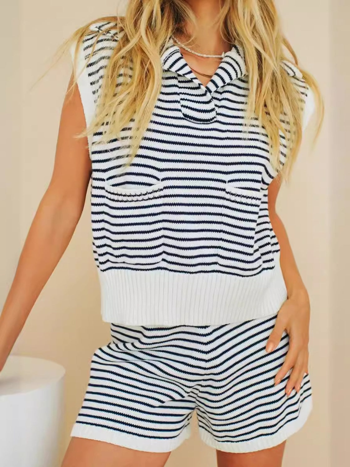 Striped Cap Sleeve Top and Shorts Sweater Set White OutfitFlow