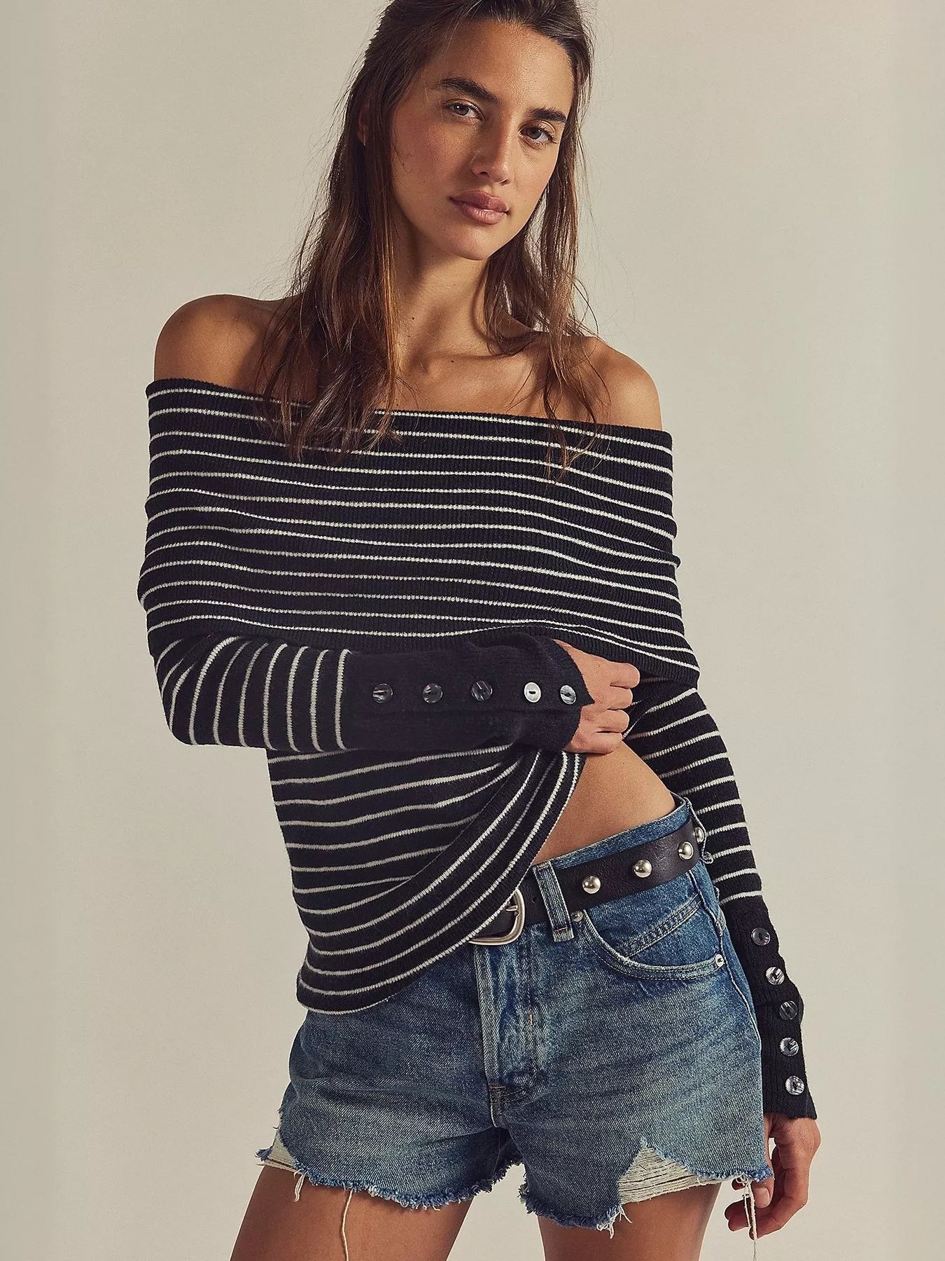 Striped Off-Shoulder Long Sleeve Knit Top OutfitFlow