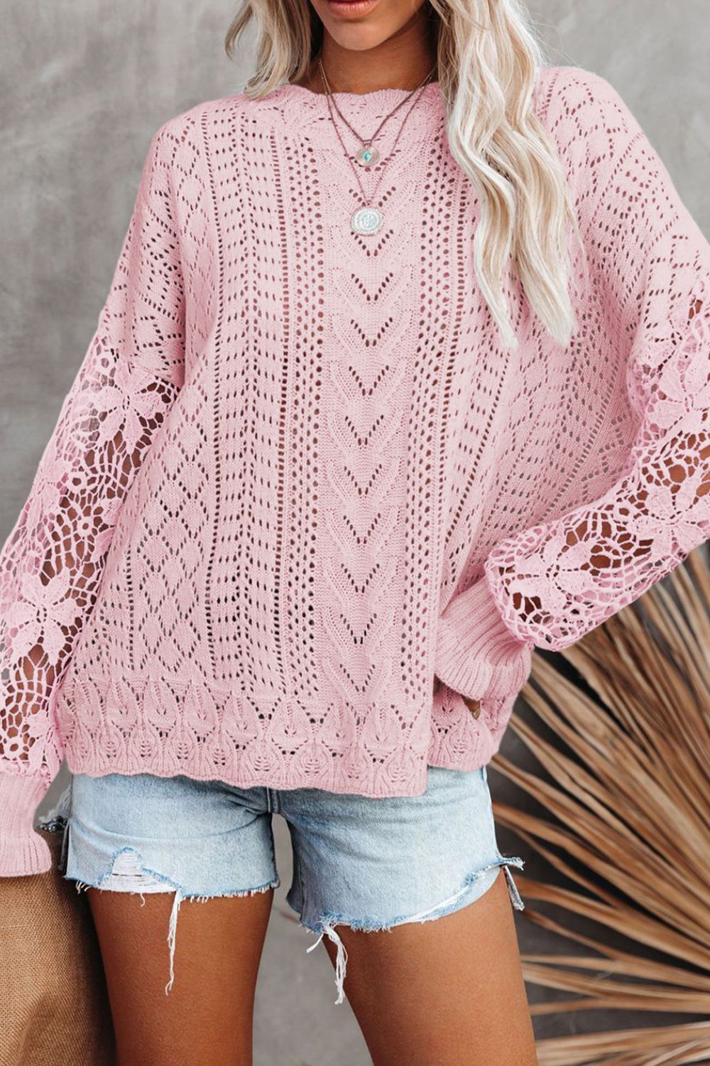 Openwork Round Neck Long Sleeve Sweater Blush Pink OutfitFlow