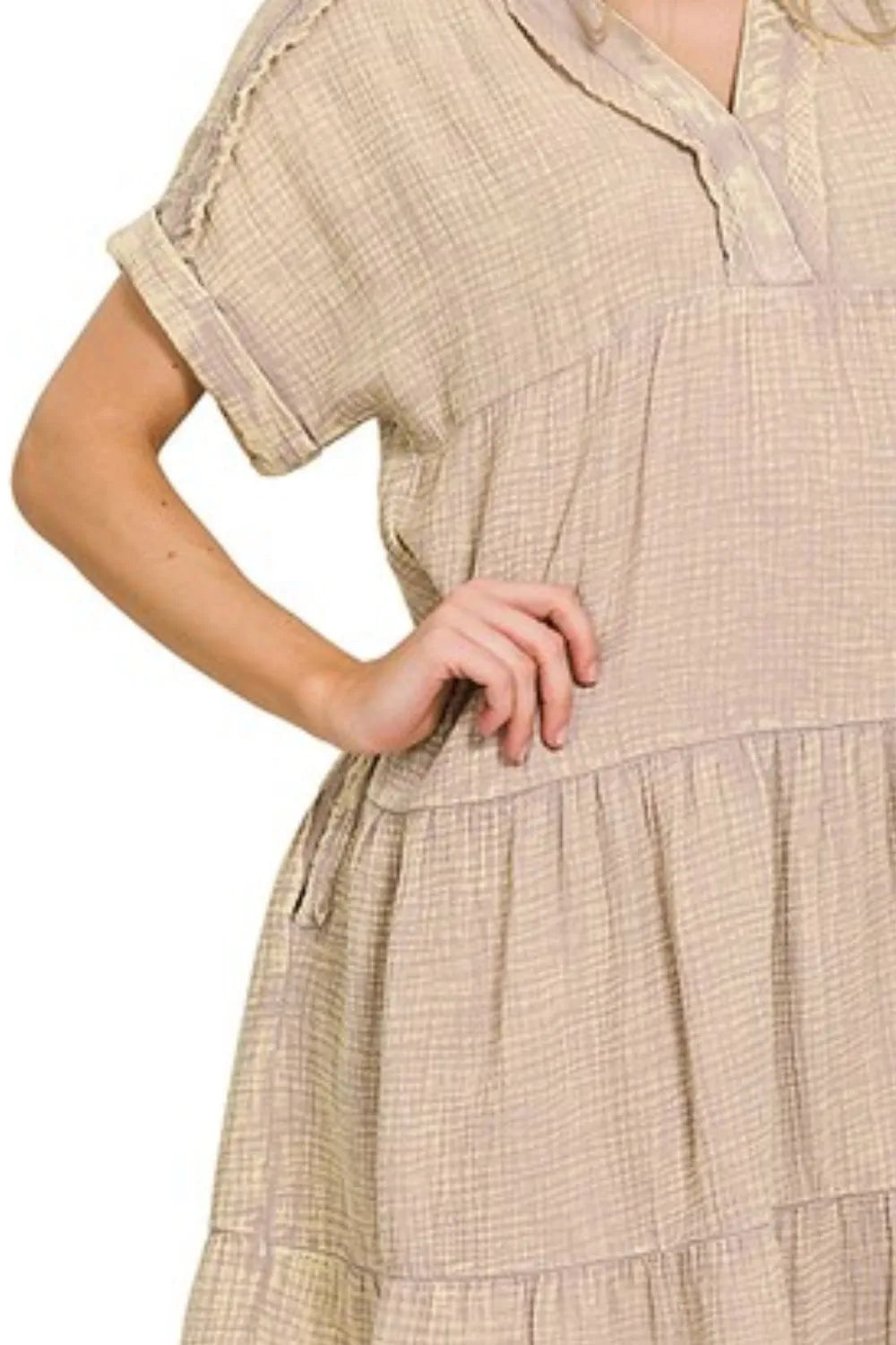 Zenana Washed Double Gauze Raw Edge Notched Dress OutfitFlow