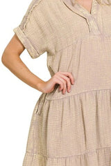 Zenana Washed Double Gauze Raw Edge Notched Dress OutfitFlow