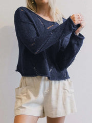 Openwork Boat Neck Long Sleeve Sweater OutfitFlow
