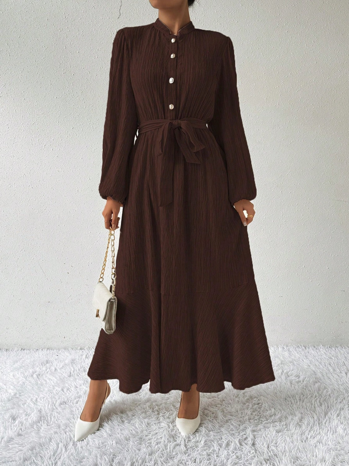 Half Button Tie Waist Long Sleeve Maxi Dress