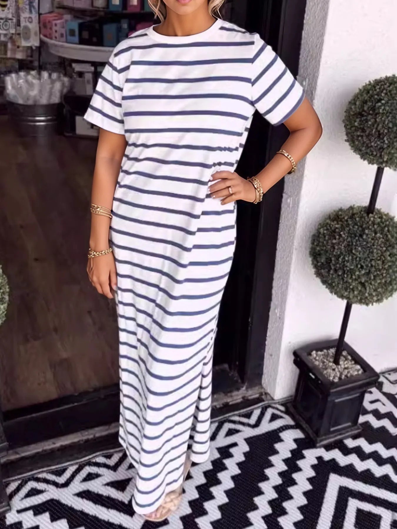 Full Size Striped T-Shirt Maxi Dress with Side Slit Plus Size Dark Blue OutfitFlow