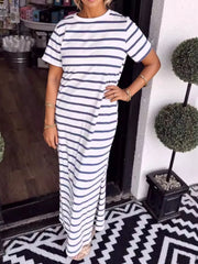 Full Size Striped T-Shirt Maxi Dress with Side Slit Plus Size Dark Blue OutfitFlow