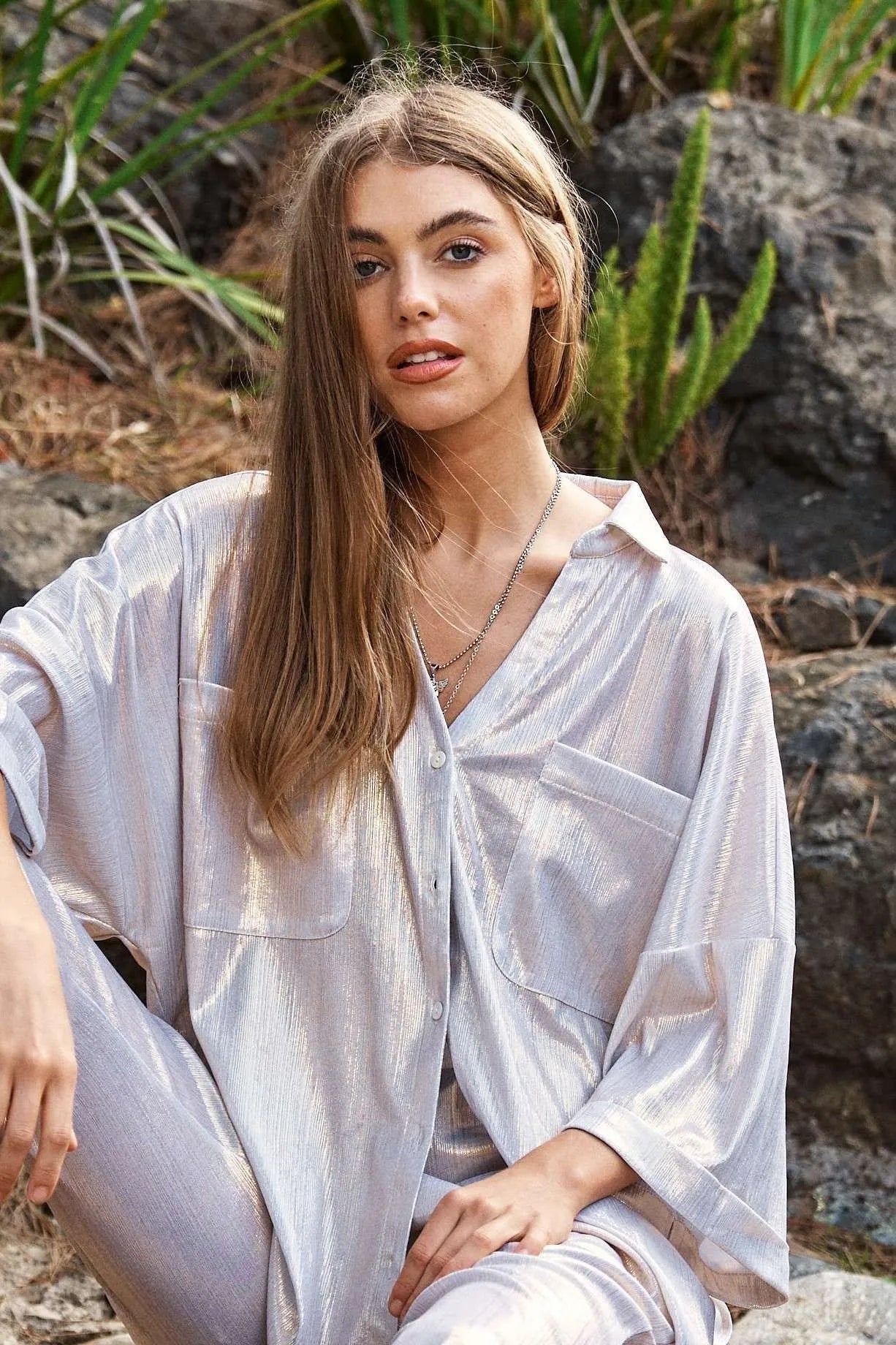 Davi & Dani Solid Sparkling Shimmer Pocket Button Front Shirt OutfitFlow